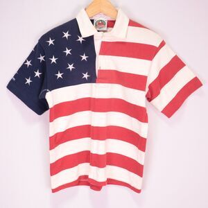 Vintage Barbarian Rugby Wear Polo Shirt Red White Blue American Flag USA Men XS